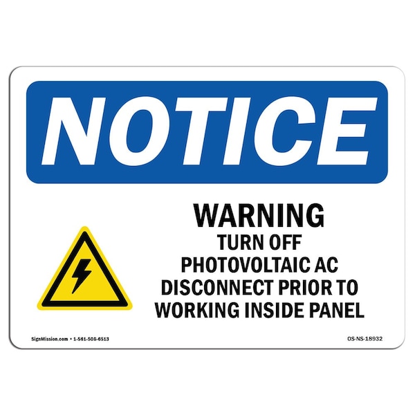 Signmission OSHA Notice, 5" Height, Warning Turn Off Photovoltaic Sign With Symbol, 7" X 5", Landscape OS-NS-D-57-L-18932 - main